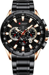 CURREN 8363 Watch for Male Men Quartz Man Wristwatch Watches with Stainless Steel Strap Band Three Sub-Dials Second Minute Microsecond Chronograph Date Calendar Indicator Waterproof Luminous Hands - Black