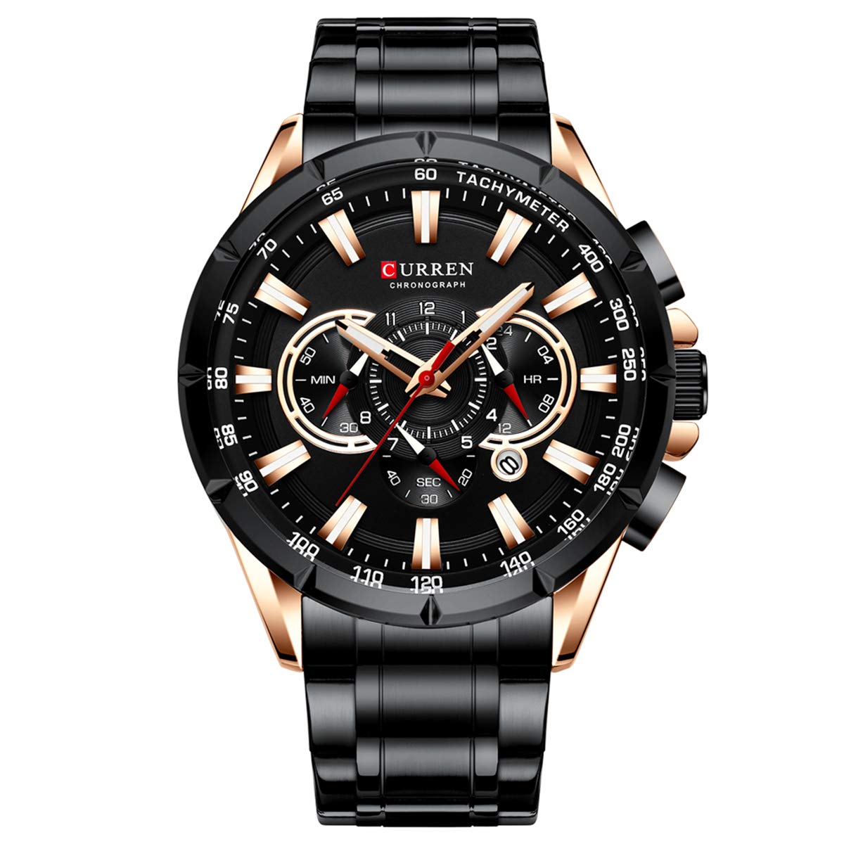 CURREN 8363 Watch for Male Men Quartz Man Wristwatch Watches with Stainless Steel Strap Band Three Sub-Dials Second Minute Microsecond Chronograph Date Calendar Indicator Waterproof Luminous Hands - Black