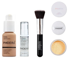 Phoera® Full Coverage Foundation, Primer, Setting Powder and MISKEEN Makeup Brush Soft Matte Oil Control Concealer 30ml Long Lasting Flawless Cream Smooth Aquapurity (105 SAND SET)