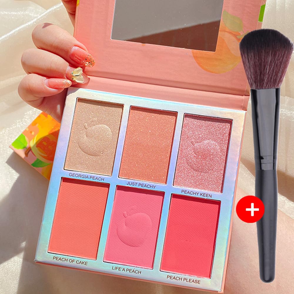 Azonee Blush Highlighter Palette with 1 Powder Blusher Brush, 6 Color Makeup Matte Shimmer Face Blushes Illuminator Palette Longlasting Contour Bronzer Palettes for a Redness and Glowing Look