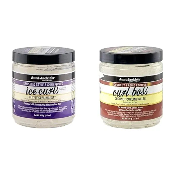 Aunt Jackie's Grapeseed Ice Curls 15oz and Coconut Curl Boss 15oz Curling Gels for Natural Hair Waves, Curls and Coils