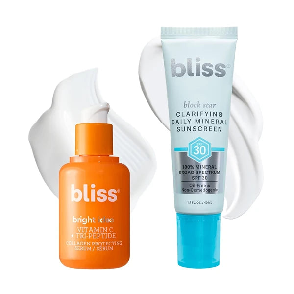 Bliss Bright Idea Vitamin C Serum + Clarifying Block Star SPF 30 Daily Mineral Sunscreen Bundle – Antioxidant Serum for Radiant Skin & Lightweight Mineral SPF Protection – Cruelty-Free, Clean