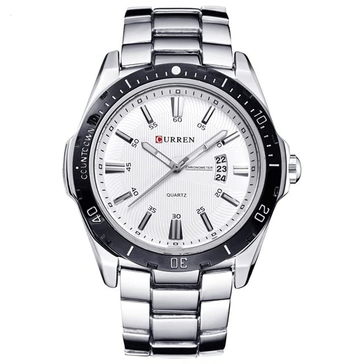 CURREN Men's Analog Watch Stainless Steel Case White Dial Date Window Stainless Steel Case