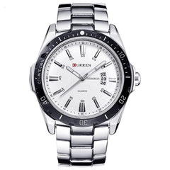 CURREN Men's Analog Watch Stainless Steel Case White Dial Date Window Stainless Steel Case