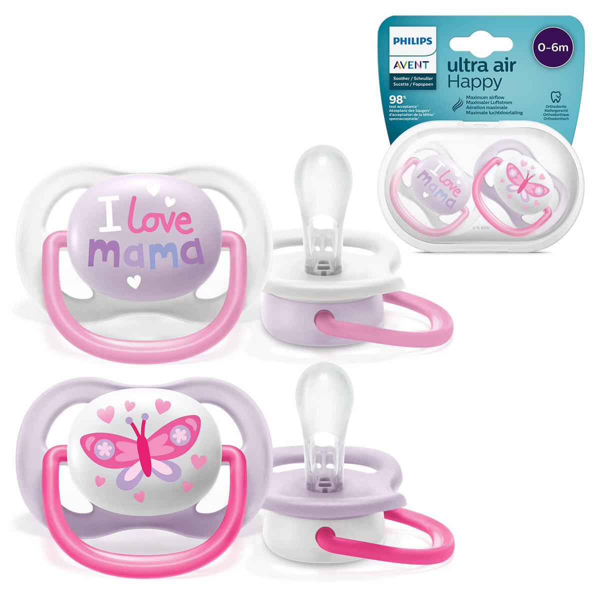 AVENT Philips Ultra Air Pacifier, for 0-6m, Orthodontic & BPA-, 2 pcs, Including Sterilizer/Carrying Case, SCF080/02, Pink and Purple