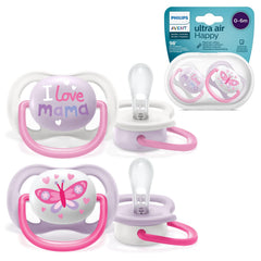 AVENT Philips Ultra Air Pacifier, for 0-6m, Orthodontic & BPA-, 2 pcs, Including Sterilizer/Carrying Case, SCF080/02, Pink and Purple