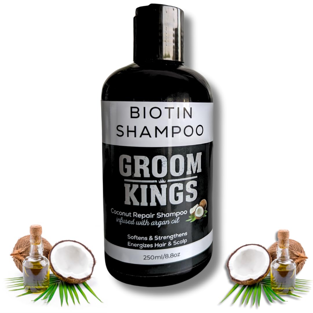 Groom Kings - Biotin, Coconut Repair Shampoo for Hair Growth | Sulfate-Free | Thickening Hair Loss Shampoo Treatment | Regrowth Shampoo for Dry Normal Oily & Color Treated Hair | As Featured in GQ |