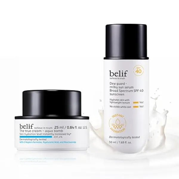 belif Aqua Sun Serum Duo Hydration & SPF Skincare Set Lightweight Gel Cream Moisturizer (25ml) & Milky Niacinamide Sun Serum SPF 40, 12hr Moisture, No White Cast, Korean Skin Care