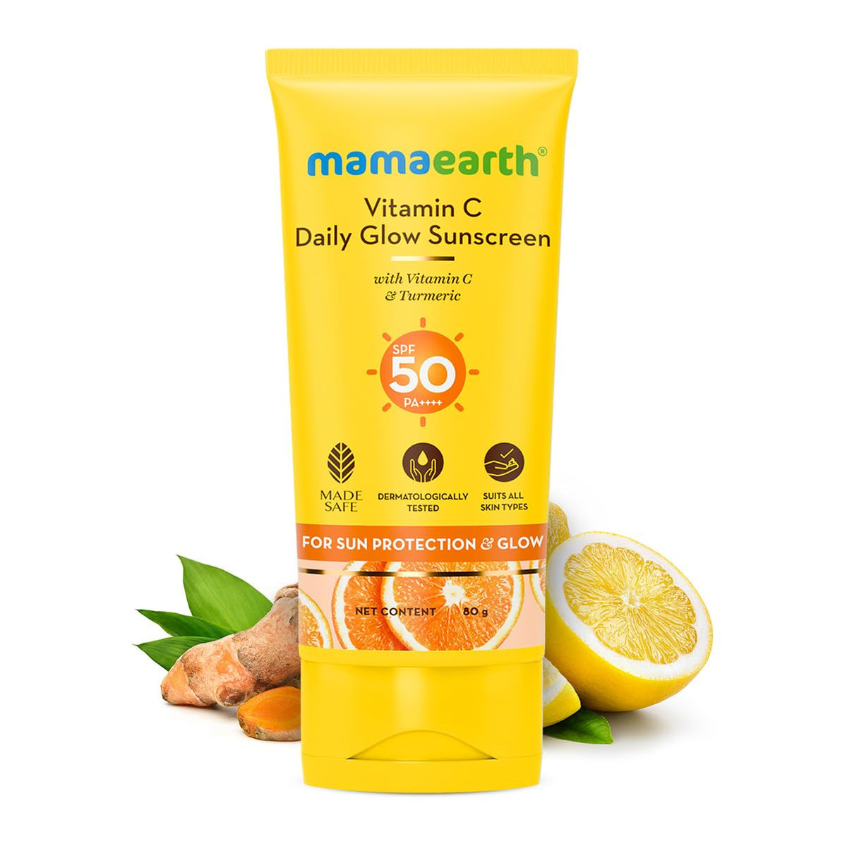 Mamaearth Vitamin C Daily Glow Sunscreen with Vitamin C & Turmeric for Sun Protection & Glow - 80 g | SPF 50 PA++++ | No White Cast | Lightweight & Non-Sticky | Brightens Skin | For All Skin Types