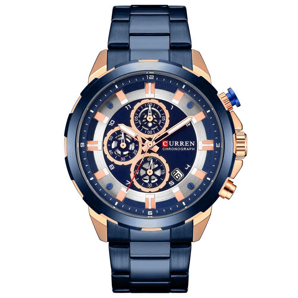 CURREN Mens Watches, Quartz Analog Calendar,Wrist Watch for Men, Fashion Waterproof Stainless Steel Band-Blue