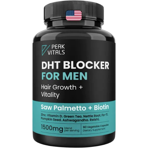 PEAK VITALS DHT Blocker for Men | Ultra Potent Hair Growth Formula | Saw Palmetto, Biotin, Pumpkin Seed, Herbal Extracts | Natural Hair Loss Supplements | Hair Regrowth Vitamins | Made in the USA | 90 Capsules