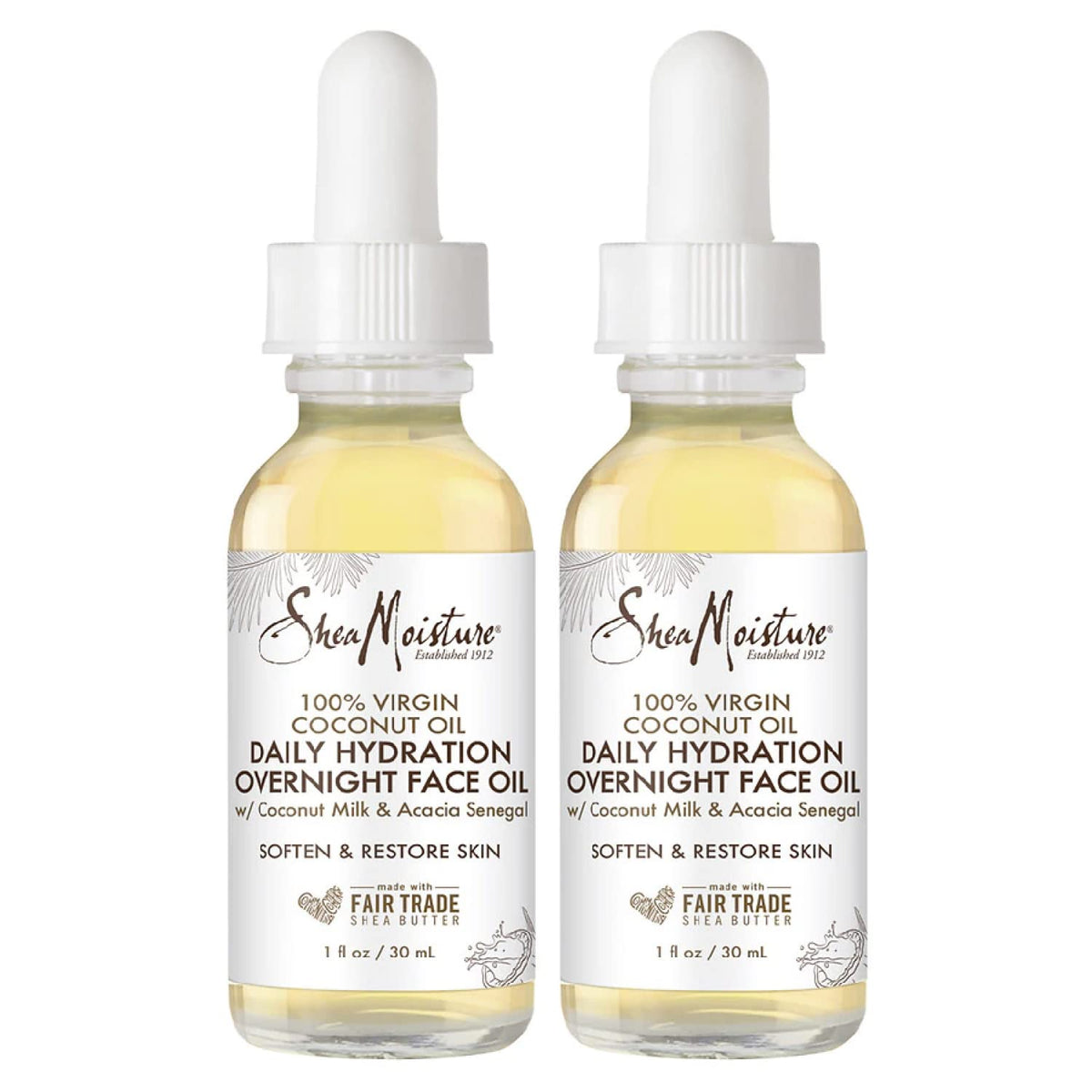 Shea Moisture Skin Care, Overnight Face Oil for All Skin Types, 100% Virgin Coconut Oil for Daily Hydration, Pack of 2-1 Oz Ea