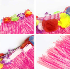 Hawaiian Grass Hula Skirt with Flower Costume Set for Girls Luau Party Hawaiian Garland Costume for Dance Performance Hawaiian Theme Party Beach Party Celebration Decorations (pink)