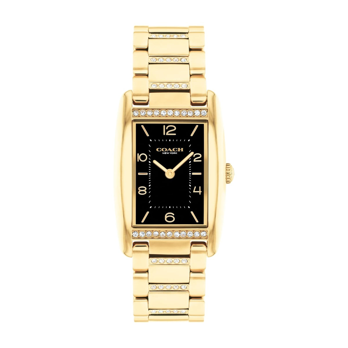 COACH WOMEN'S BLACK DIAL IONIC PLATED THIN GOLD STEEL & CRYSTAL BRACELET WATCH - 14504319