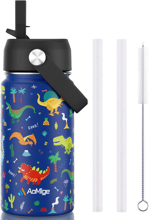 AoMige Kids Water Bottle-Stainless Steel Double Wall Vacuum Insulated Leakproof Toddler Cup w/Straws Lids,Kids Water Bottles for School Boys Girls,Hot Cold Sports Bottle for Children,BPA Free, 19oz (black)