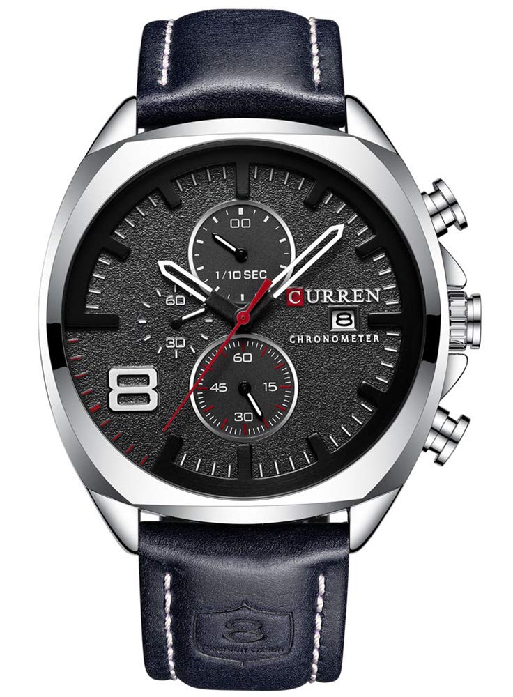 Herren-Armbanduhr mit Lederarmband, klassisch, lssig, Edelstahl, wasserdicht, Chronograph, Datum, analog, Quarzuhr - Silver/Black