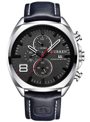 Herren-Armbanduhr mit Lederarmband, klassisch, lssig, Edelstahl, wasserdicht, Chronograph, Datum, analog, Quarzuhr - Silver/Black