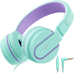 Ailihen I35 Headphones with Microphone Stereo Lightweight Adjustable Foldable Headset for Cellphones Smartphones iPhone iPod Laptop Computer Mp3/4 (Green Purple)