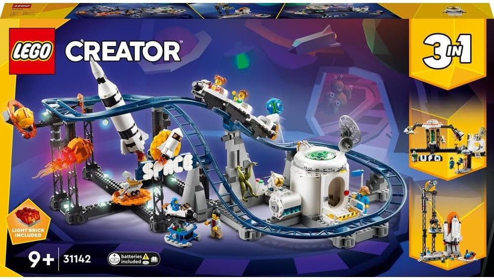 LEGO 31142 Creator 3in1 Space Roller Coaster to Drop Tower or Merry-Go-Round Set, Fairgound Ride Models, Building Toy with Space Rocket, Planets and Light Up Bricks