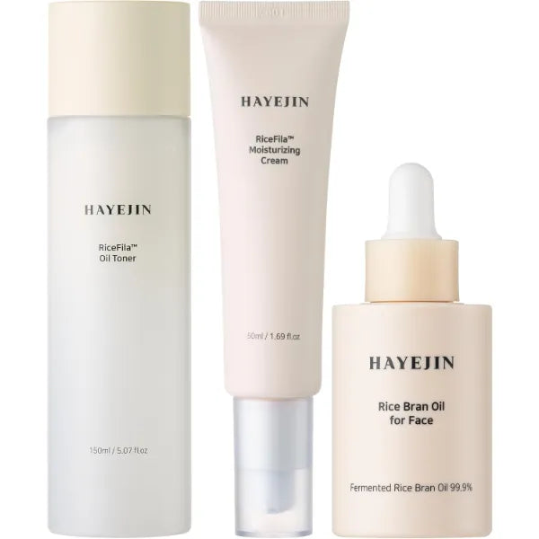 HAYEJIN RiceFila Oil Toner for face (5.07 fl oz) + Moisturizing Cream (1.69 fl oz) + Rice Bran Oil Serum for Face (1.01 fl oz) - HAYEJIN RiceFila Complete Skincare Bundle – Toner, Serum