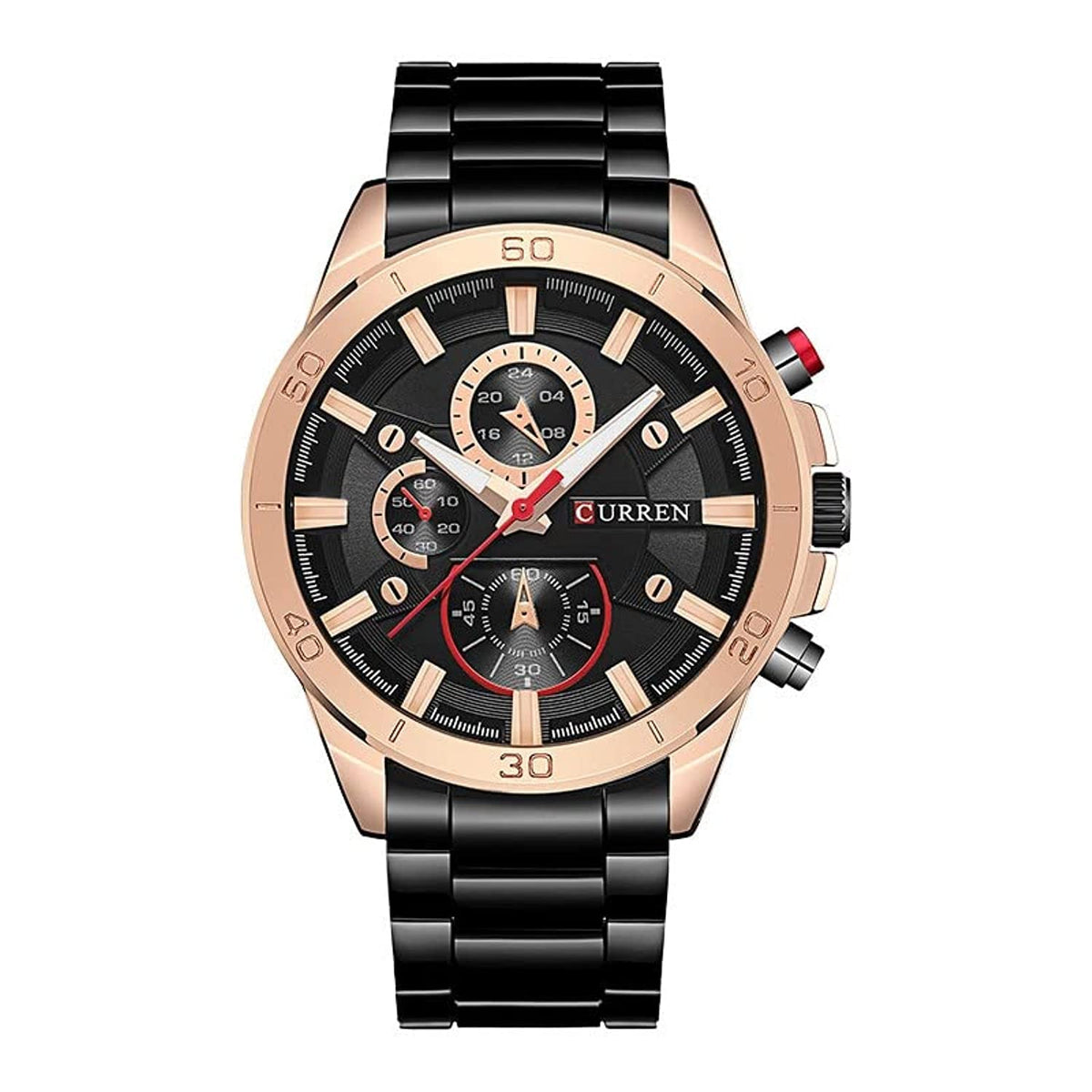 CURREN Men's Chrono Watch Rose Gold Stainless Steel Case Black Dial 3 Subdials Black Stainless Steel Case, Black