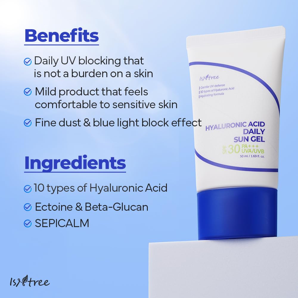 ISNTREE Hyaluronic Acid Daily Sun Gel 50ml, 1.69 fl oz | SPF 30 | Moisturizing Sunscreen | No White Cast | Lightweight | Mild Formula | Korean Skincare