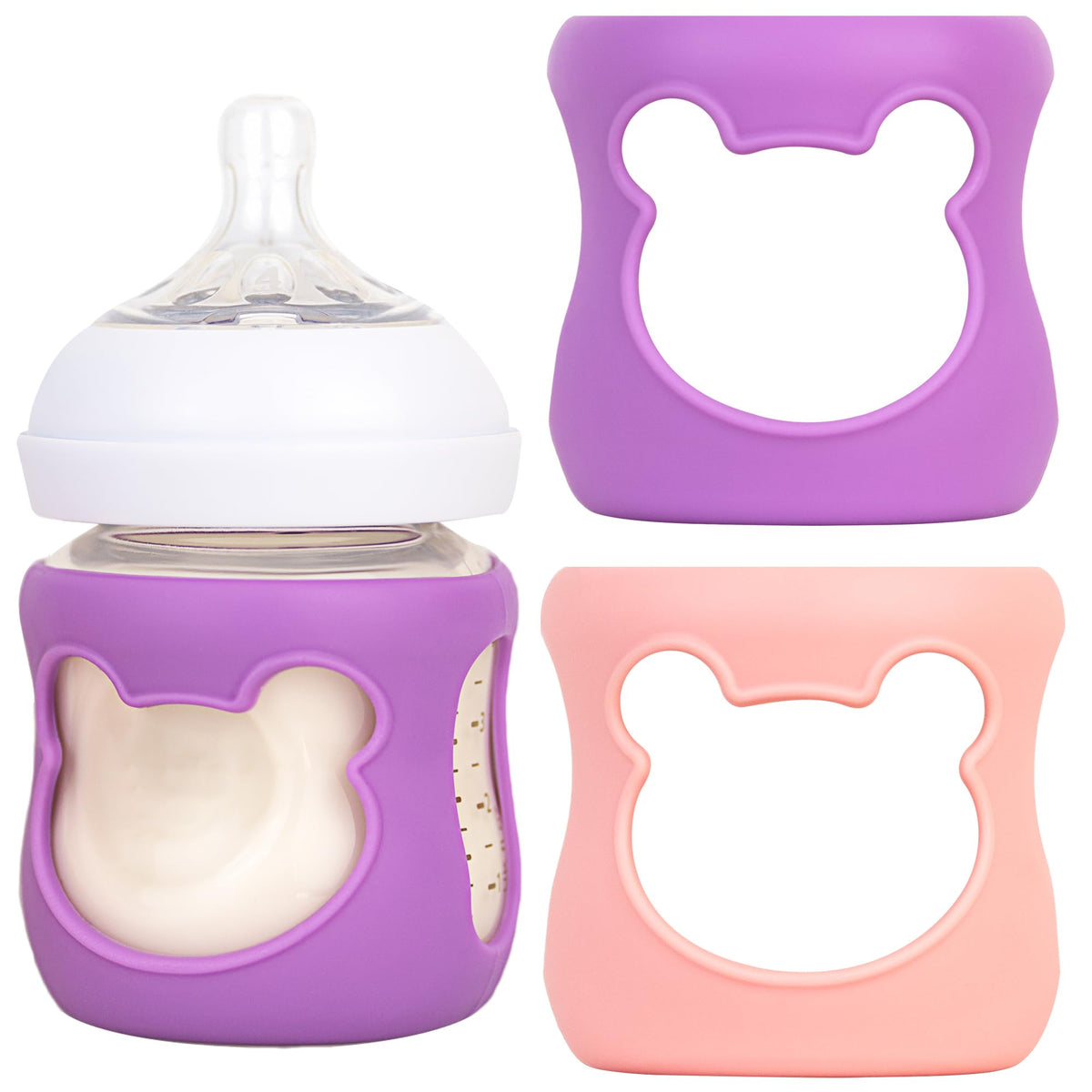 Aelop 100% Silicone Baby Bottle Sleeves for Philips Avent Natural Glass Baby Bottles, Premium Food Grade Silicone Bottle Cover, Cute Bear Design, 4oz, Pink and Purple, Pack of 2