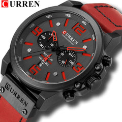 CURREN Black Chronograph Fashion Trend Multi-Function Waterproof Quartz Watch red Leather Strap Military Watch (Black red)