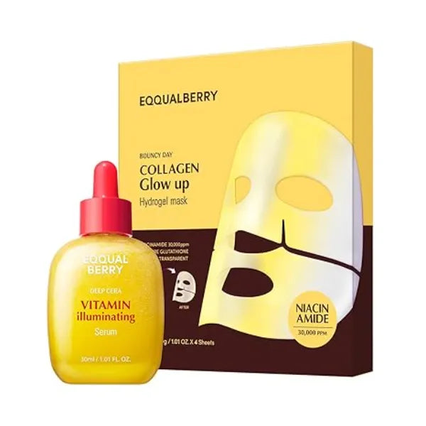 EQQUALBERRY Radiance Boosting Duo Vitamin Illuminating Serum & Collagen Glow Up Mask Niacinamide & Vitamin C for Brightening & Skin Tone Correction
