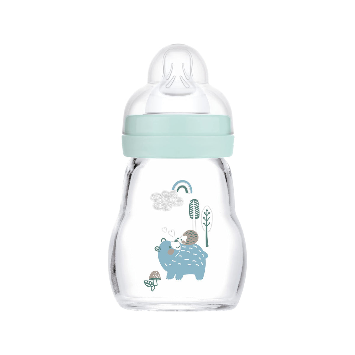 MAM Feel Good Glass Baby Bottle (170 ml), Milk Bottle with Wide Opening, Sturdy Baby Drinking Bottle with Teat Size 1, from Birth, Bear/Hedgehog