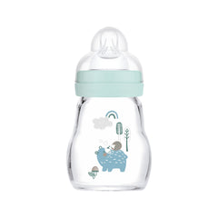 MAM Feel Good Glass Baby Bottle (170 ml), Milk Bottle with Wide Opening, Sturdy Baby Drinking Bottle with Teat Size 1, from Birth, Bear/Hedgehog