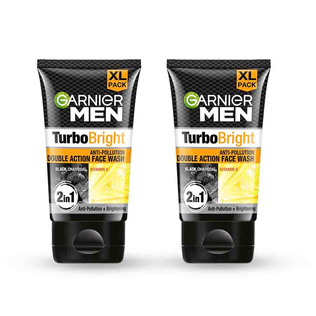 Garnier Men, Face Wash, Brightening & Anti-Pollution, TurboBright Double Action, 2 x 150g (pack of 2)