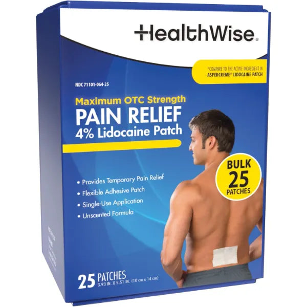 HealthWise Maximum OTC Strength 4% Lidocaine Pain Relief Patch, 25 Count