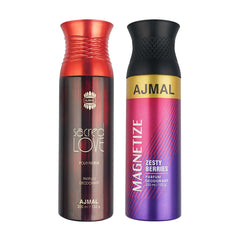 Ajmal Sacred Love for Women and Magnetize for Men & Women Deodorants each 200ML Combo pack of 2 (Total 400ML) + 2 Parfum Testers