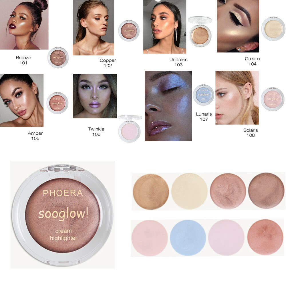 AQUAPURITY PHOERA SooGlow Cream Highlighter Long Lasting Waterproof Shimmer Blushers For Cheeks Make Up, Face Foundation Powder Contour Palette Skin Brightening Makeup (108 SOLARIS)