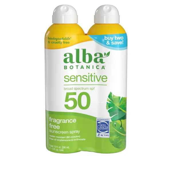 Alba Botanica Sensitive Sunscreen Spray for Face and Body, Fragrance-Free, Broad Spectrum SPF 50, Water Resistant, 5 fl oz Bottle (Pack of 2)