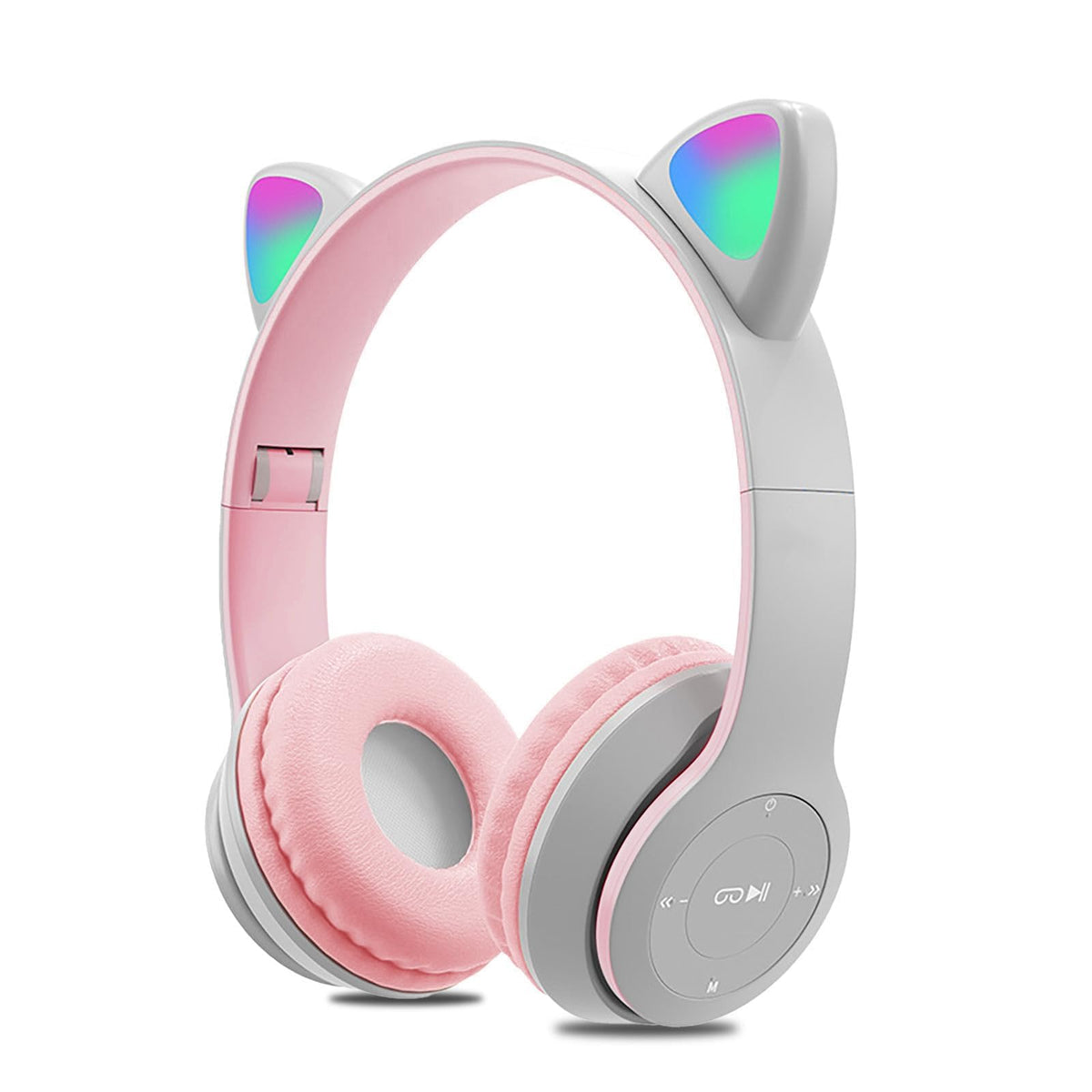 Kids Bluetooth Headphones with LED Cat Ears, Wired/Wireless Mode, 40mm Driver Unit, Foldable Over-Ear Stereo Headphones with Mic, Girls Bluetooth 5.0 Headphones for Smartphones, PC, iPad, Pink Grey