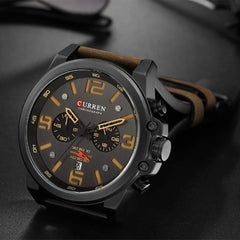 CURREN Dark Brown Chronograph Fashion Trend Multi-Function Waterproof Quartz Watch Leather Strap Military Watch (Coffee)