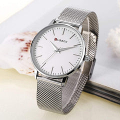 CURREN 9021 Women Fashion Simple Japan Quartz Movement Watch Stainless Steel Band Wristwatch (sliver white)