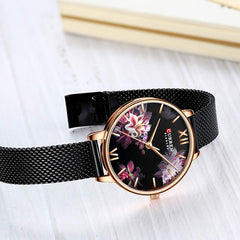 CURREN 9060 Flower Dial 3ATM Waterproof Stainless Steel Mesh Strap Quartz Watch for Women - Black