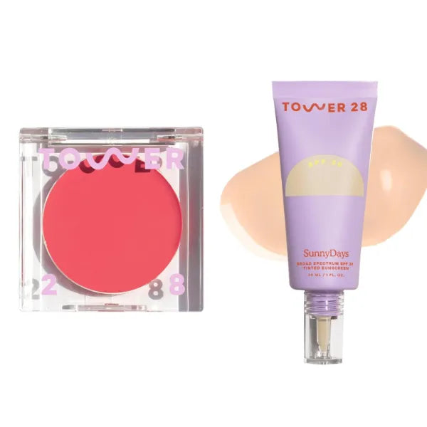 Tower 28 Beauty SunnyDays SPF 30 Tinted Mineral Sunscreen Shade 15, 1 FL OZ & Tower 28 Beauty BeachPlease Cream Blush HAPPY HOUR