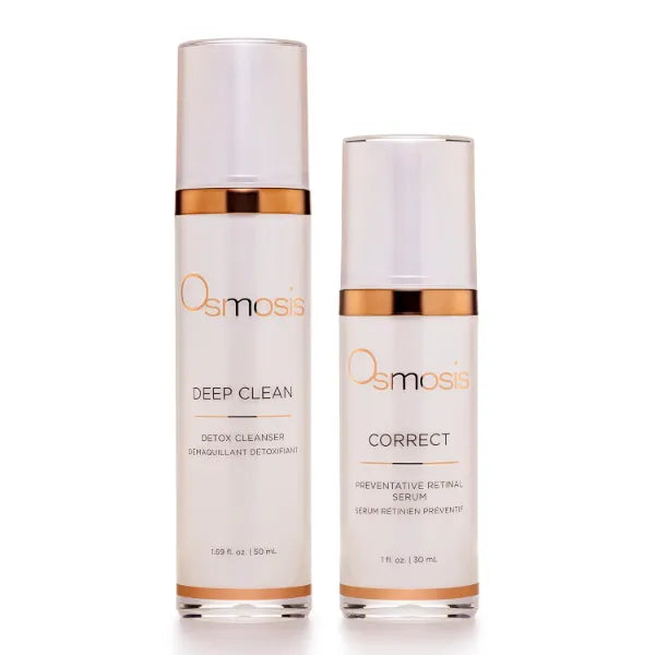 OSMOSIS Facial Cleanser and Serum Kit, DEEP CLEAN (1.69oz) Detox Facial Cleanser with Coconut Oil, CORRECT (1oz) Preventative Retinal Facial Serum Collagen Booster