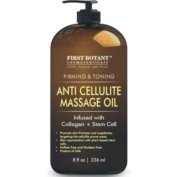 First Botany, Anti-Cellulite Massage Oil Infused with Collagen & Stem Cells - Natural Cellulite & Stretch Mark Treatment for Men & Women - 8 oz