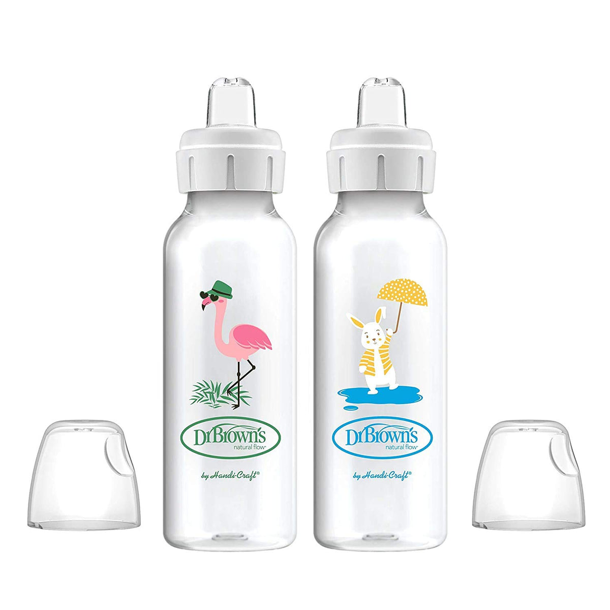 Dr. Brown's Milestones™ Narrow Sippy Bottle, 100% Silicone Soft Sippy Spout, 8oz/250mL, Flamingo & Bunny, 6m+