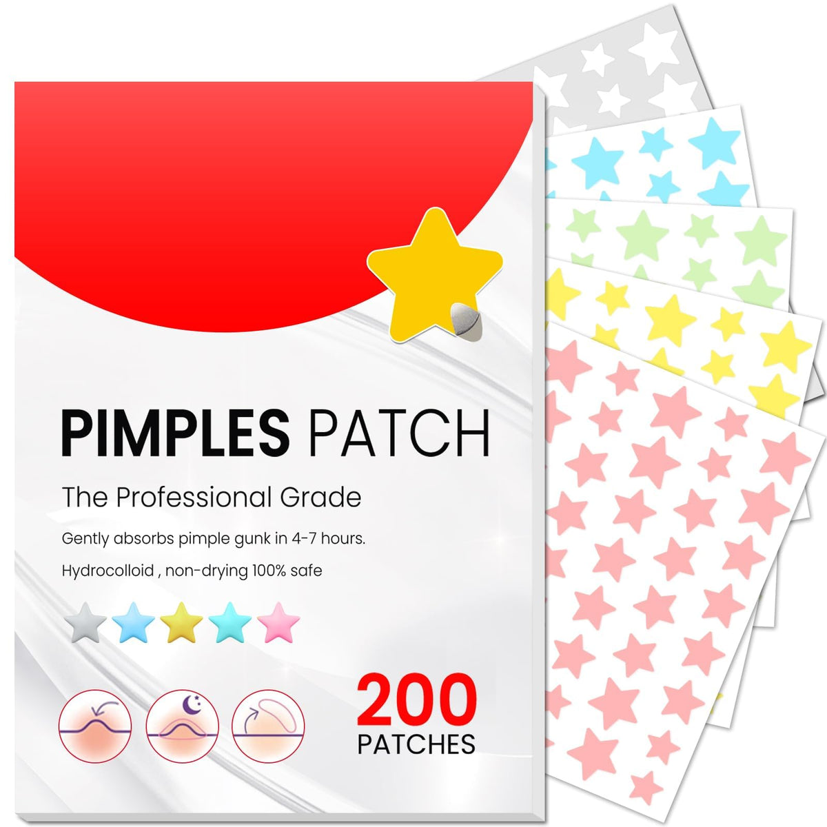 Azonee 200 Pcs Pimple Patches, Hydrocolloid Acne Patches for Face, Colorful Star Pimple Spot Sticker with Hyaluronic Acid, Tea Tree Oil & Centella Oil for Covering Zits and Blemishes