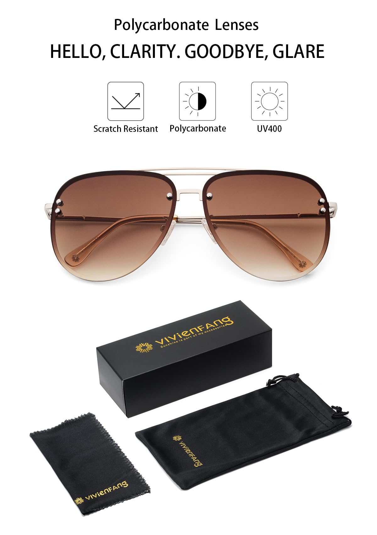 VIVIENFANG Premium Rimless Oversized Aviator Sunglasses for Women, Polarized PC Lens UV Protection Womens Shade VF2203