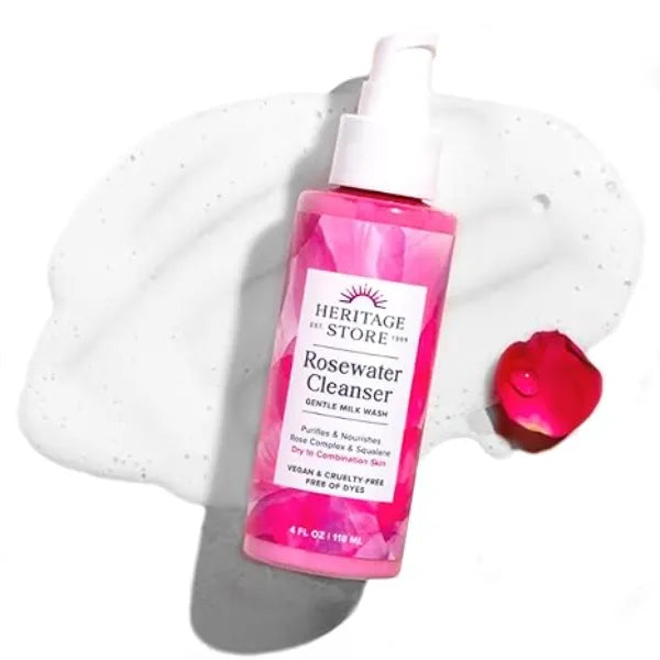 HERITAGE STORE Rosewater Facial Cleanser Milk Face Wash Purifies and Rose Complex, Dry Skin to Combination Skin Care, Hypoallergenic, pH Balanced