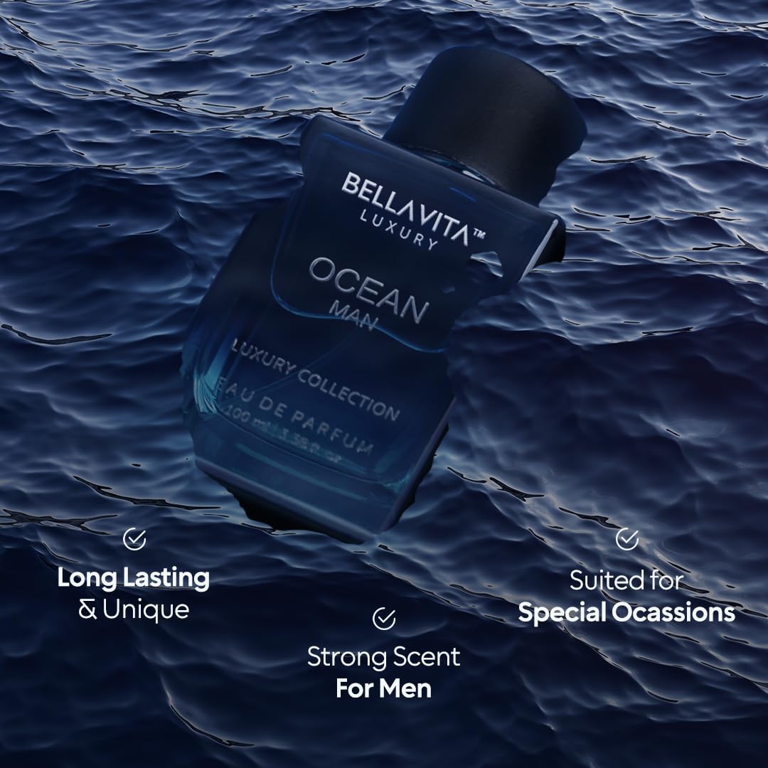 BellaVita Luxury Ocean Aquatic Eau De Parfum for Men Fresh Citrusy  Fragrance with Marine, Orchid Musk Lasting Mens Perfume OUD Vanilla 