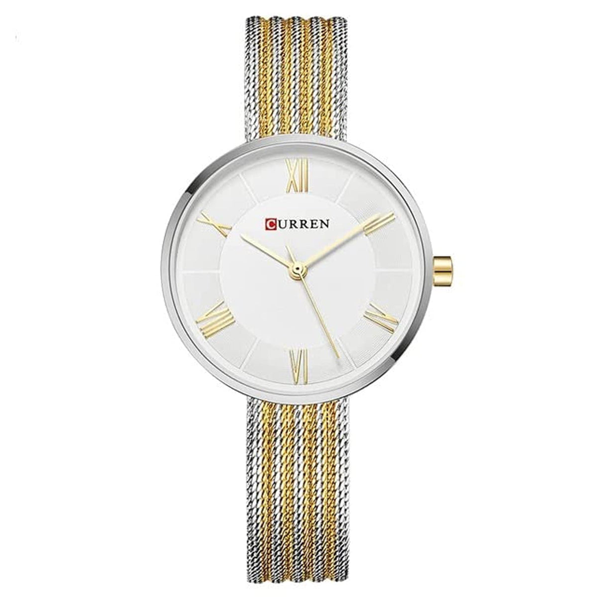 CURREN Ladies Analog Watch Silver Stainless Steel Case White Dial Gold & Silver Stainless Steel Bracelet