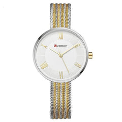 CURREN Ladies Analog Watch Silver Stainless Steel Case White Dial Gold & Silver Stainless Steel Bracelet
